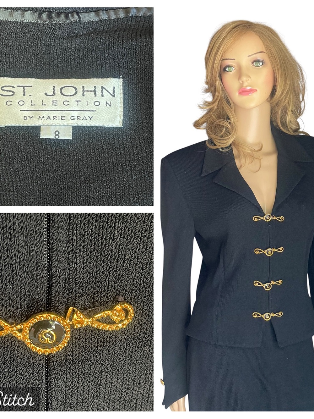 VTG ST. JOHN Marie Gray Black
Gold Blazer Suit Jacket Sz 8
Classic